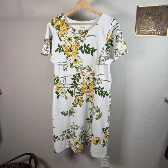 Enfocus Studio Dresses & Skirts - Enfocus Studio Womens Floral Sheath Dress White Yellow Flutter Sleeve Size 12